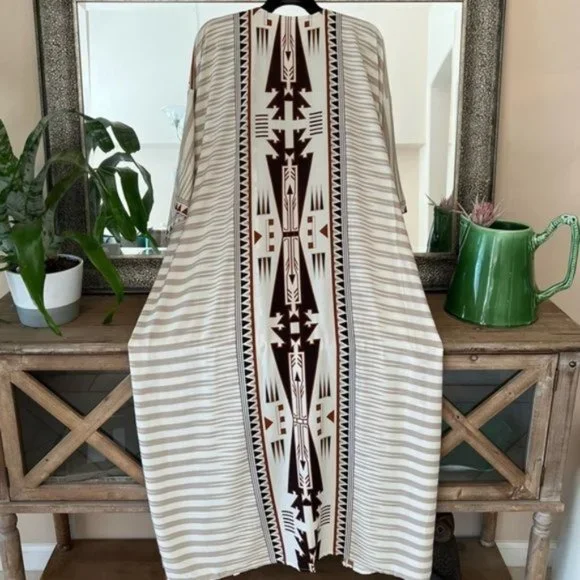 New Tribal Print Kimono Duster Maxi Robe Coverup - Picture 3 of 7